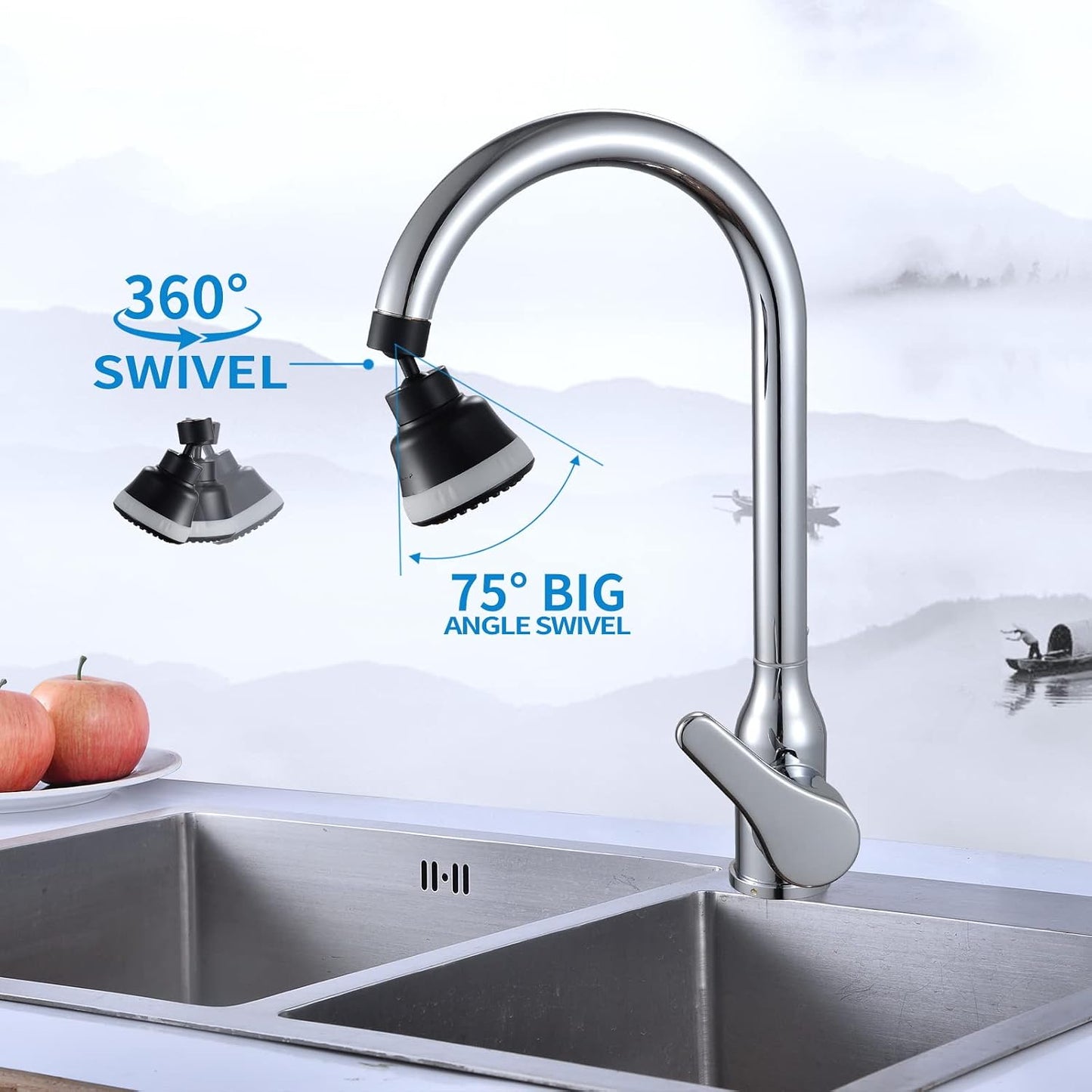 4-Function Faucet Aerator with 360-Degree Swivel Sprayer Attachment, Kitchen Sink Faucet Extender, 55/64 Inch Female Thread (Black)