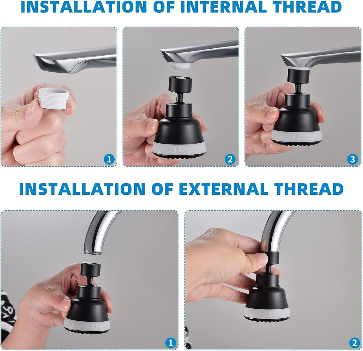 4-Function Faucet Aerator with 360-Degree Swivel Sprayer Attachment, Kitchen Sink Faucet Extender, 55/64 Inch Female Thread (Black)