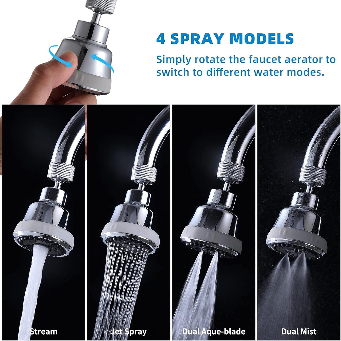4-Function Faucet Aerator with 360-Degree Swivel Sprayer Attachment, Chrome Finish, 55/64 Inch Female Thread