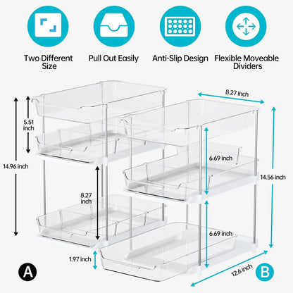 2-Pack 3-Tier Stackable Pull-Out Under Sink Organizer for Bathroom and Kitchen Pantry, White