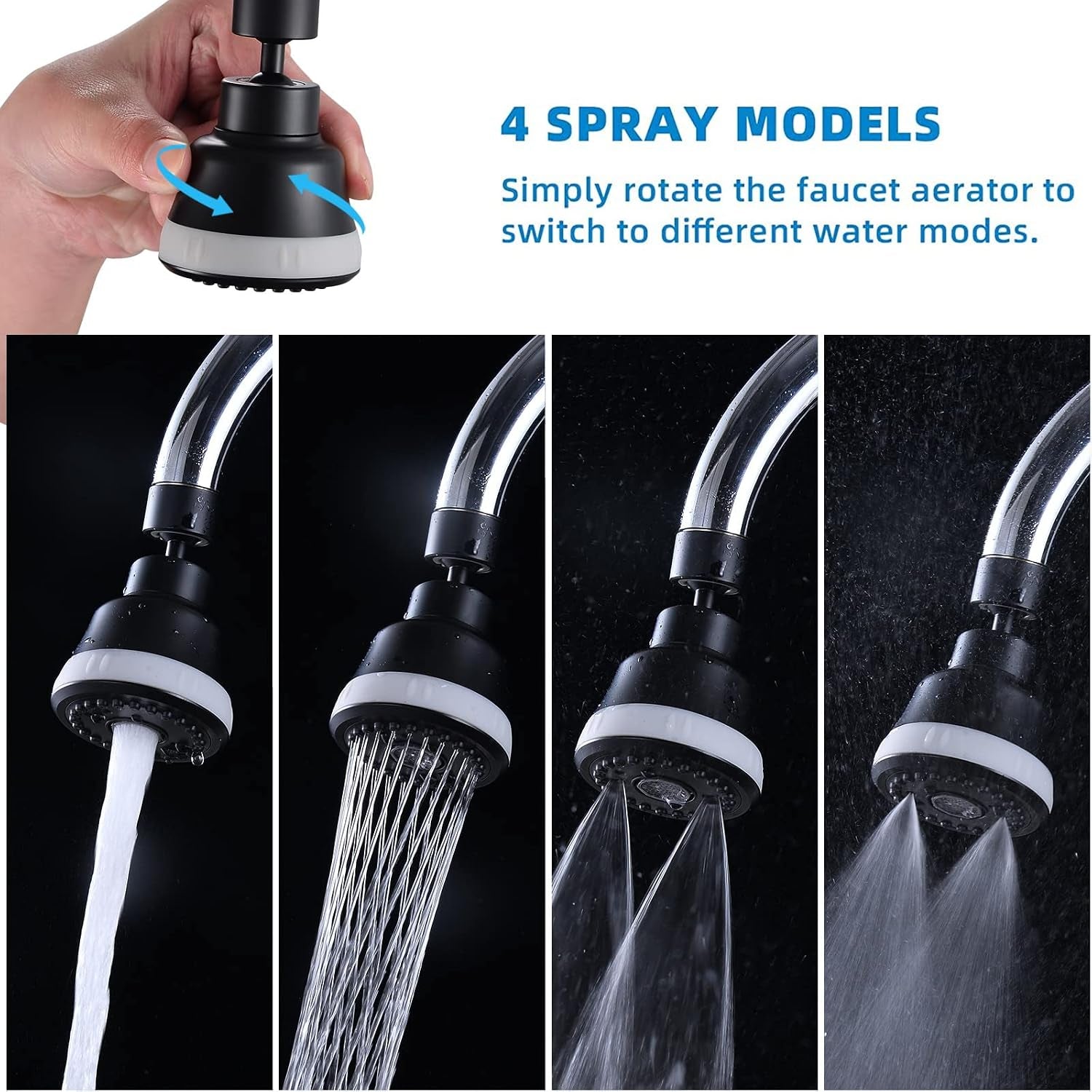 4-Function Faucet Aerator with 360-Degree Swivel Sprayer Attachment, Kitchen Sink Faucet Extender, 55/64 Inch Female Thread (Black)