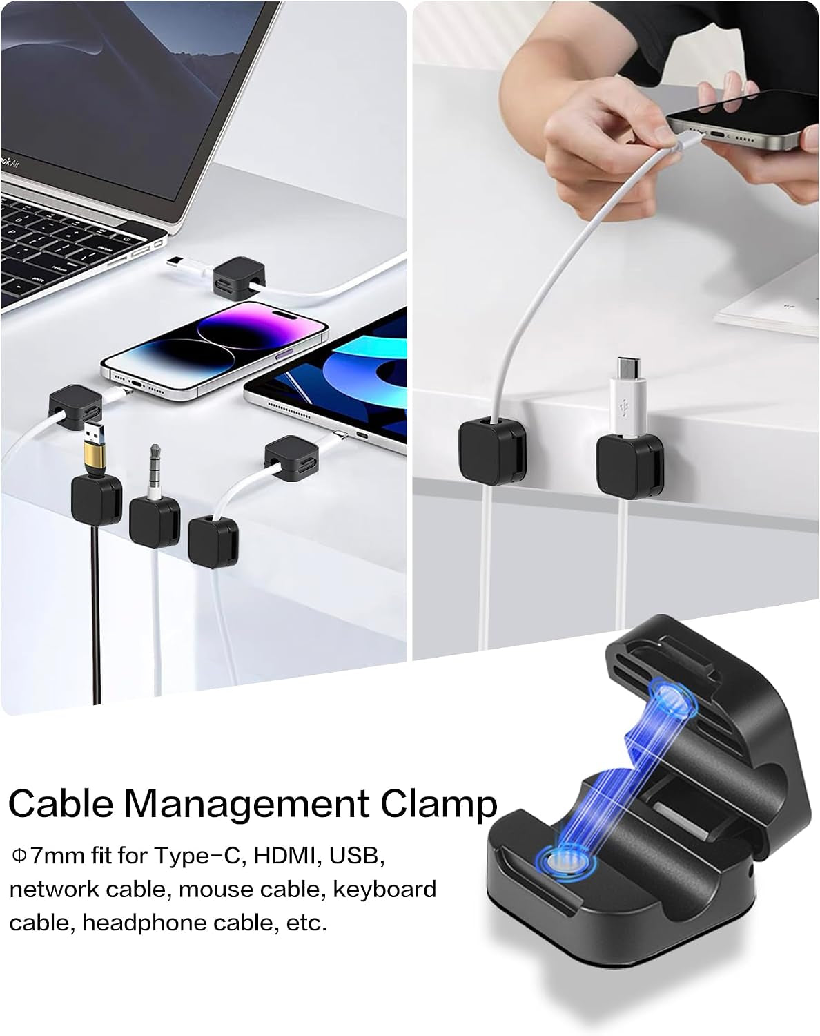 10-Pack Strong Adhesive Cable Management Clips for Organizing Phone Charging and Magnetic Cables - Easy to Open, Suitable for Desk, Wall, Office, Car, and Nightstand (Black)
