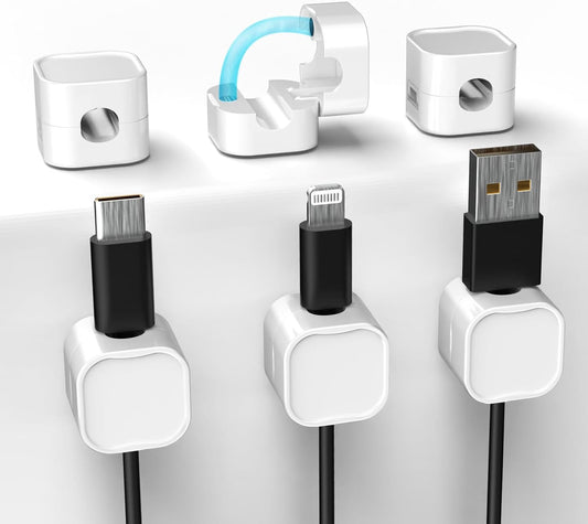 6-Pack Magnetic Cable Management Clips - Organizer for USB Charger Cables, Ideal for Office, Home, Car, and Desk (White)