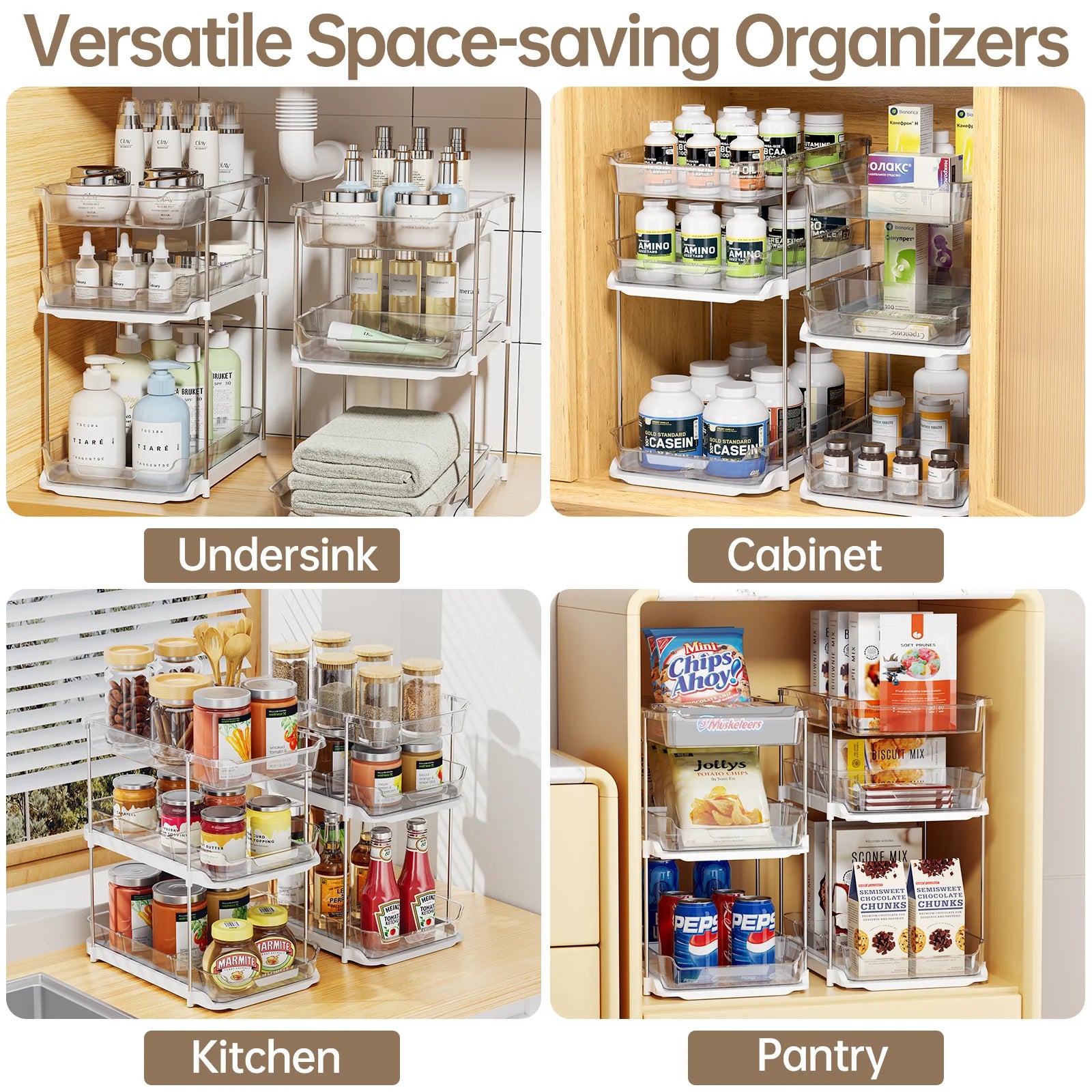 2-Pack 3-Tier Stackable Pull-Out Under Sink Organizer for Bathroom and Kitchen Pantry, White