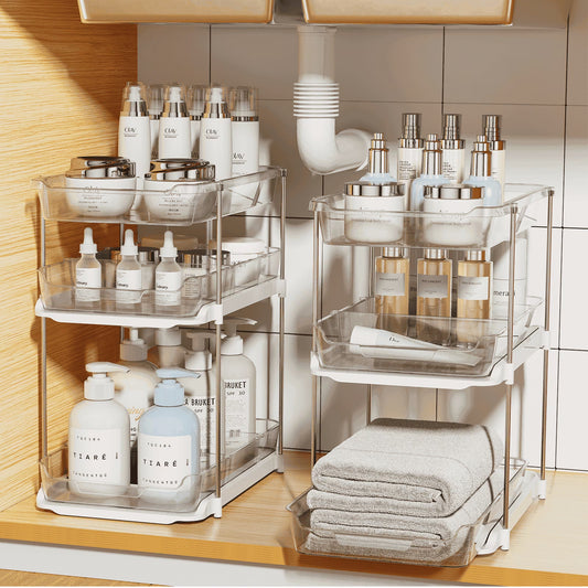 2-Pack 3-Tier Stackable Pull-Out Under Sink Organizer for Bathroom and Kitchen Pantry, White