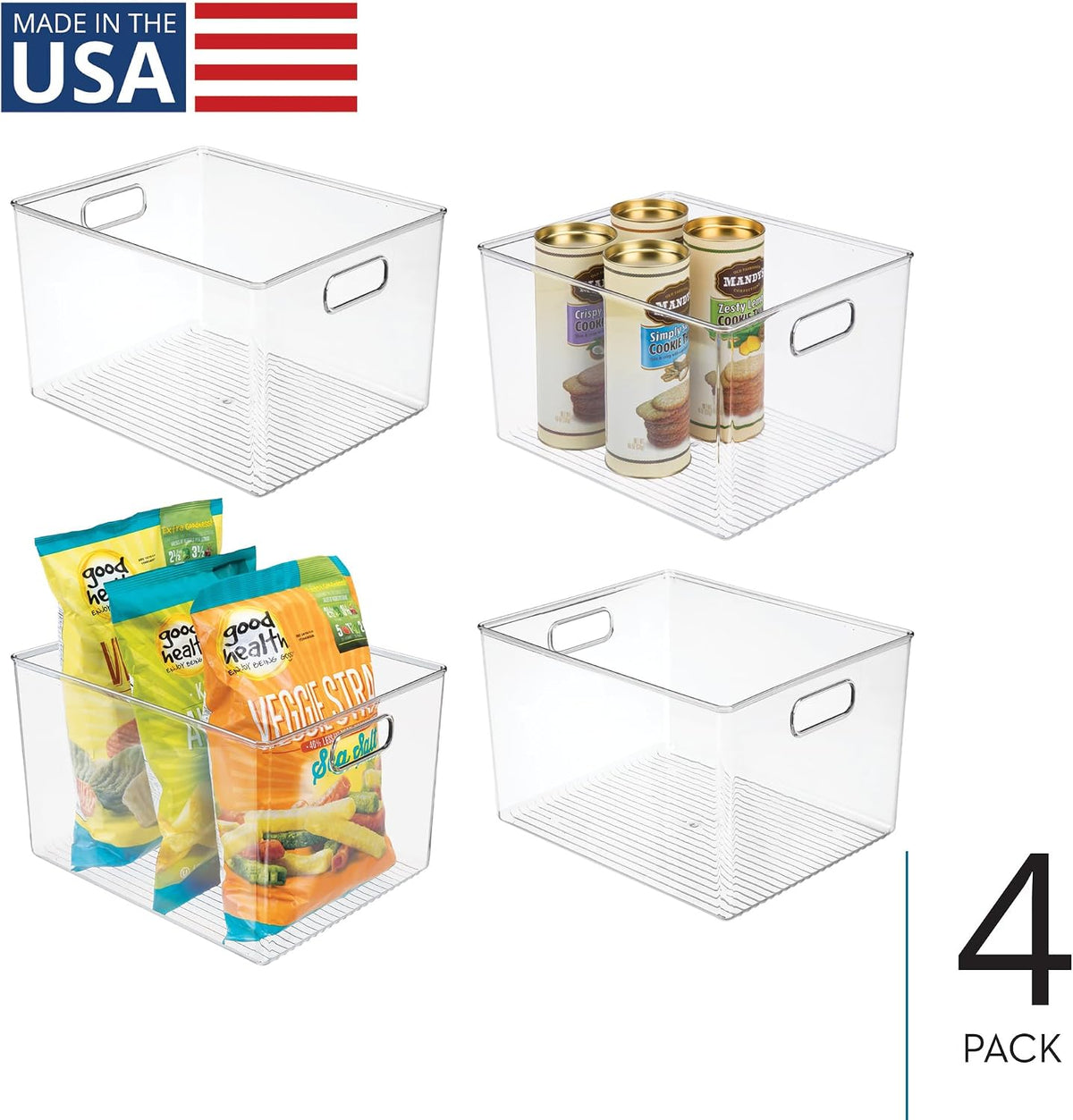Clear Storage Bins with Handles, Set of 4